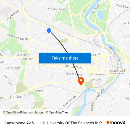 Lansdowne Av & 55th St to University Of The Sciences In Philadelphia map