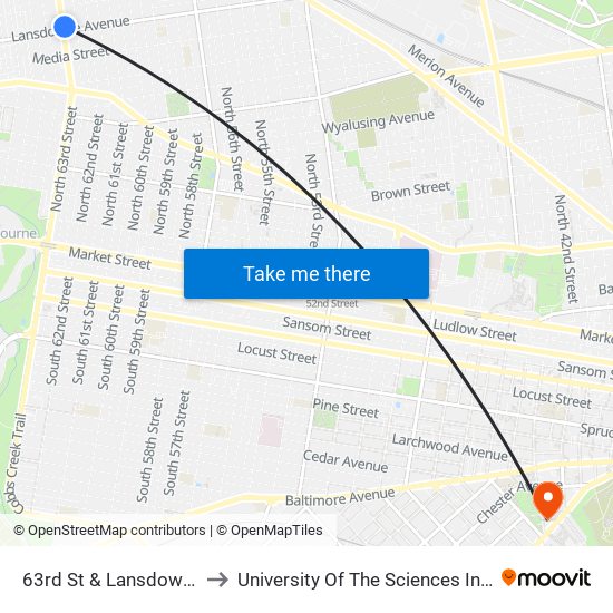 63rd St & Lansdowne Av - Fs to University Of The Sciences In Philadelphia map