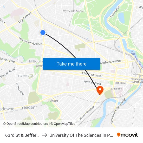 63rd St & Jefferson St to University Of The Sciences In Philadelphia map