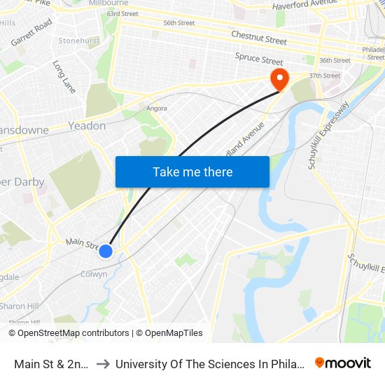 Main St & 2nd St to University Of The Sciences In Philadelphia map