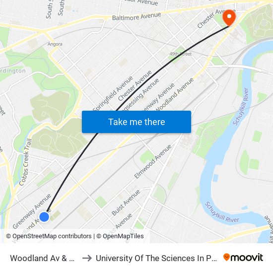 Woodland Av & 69th St to University Of The Sciences In Philadelphia map