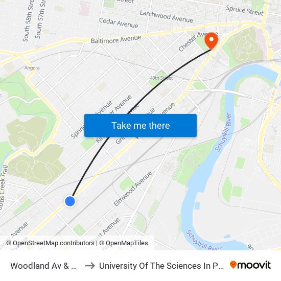 Woodland Av & 63rd St to University Of The Sciences In Philadelphia map