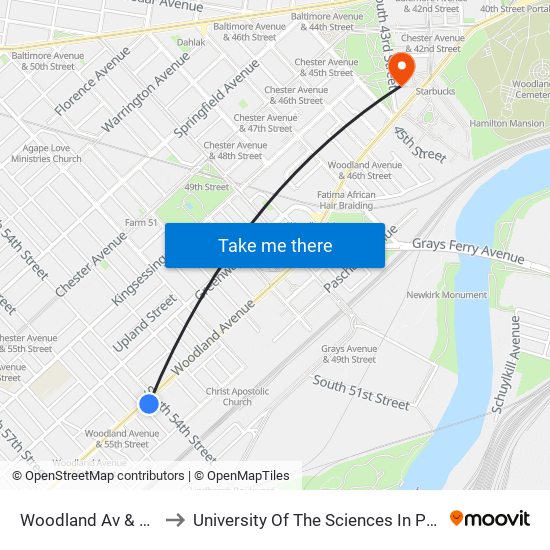 Woodland Av & 54th St to University Of The Sciences In Philadelphia map