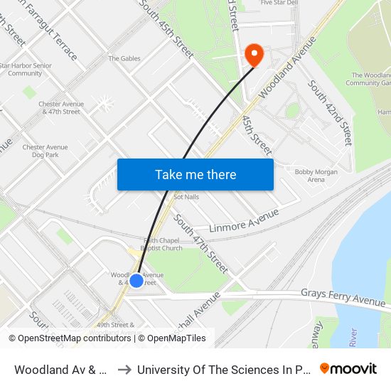 Woodland Av & 48th St to University Of The Sciences In Philadelphia map