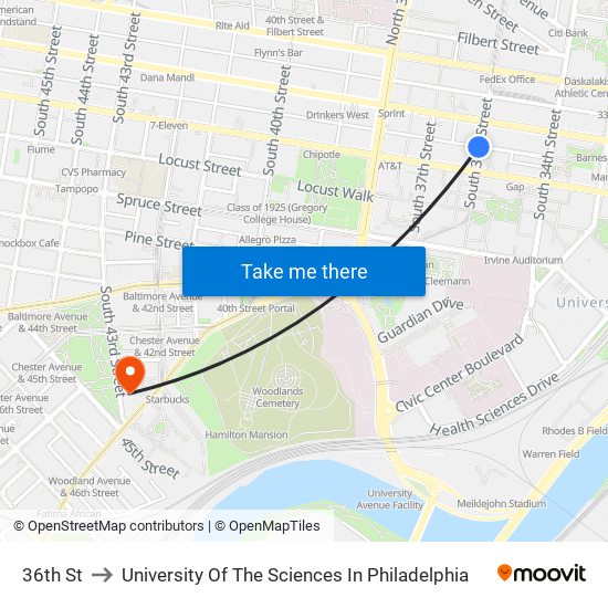 36th St to University Of The Sciences In Philadelphia map