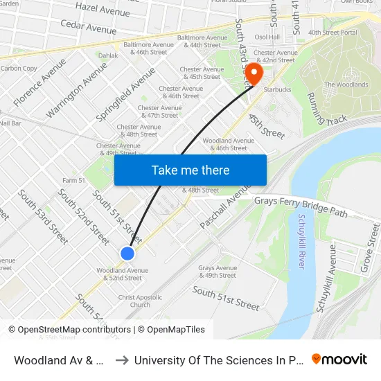 Woodland Av & 52nd St to University Of The Sciences In Philadelphia map