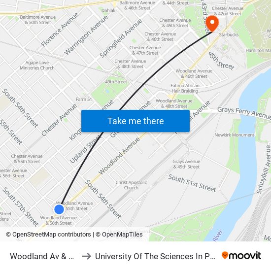 Woodland Av & 56th St to University Of The Sciences In Philadelphia map