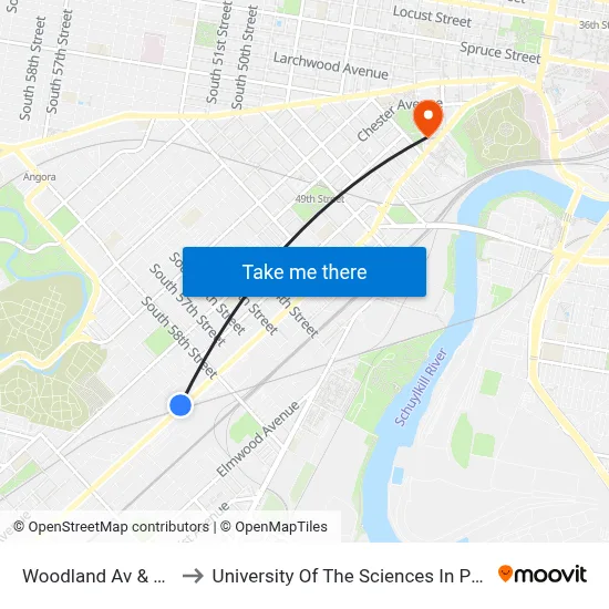 Woodland Av & 60th St to University Of The Sciences In Philadelphia map