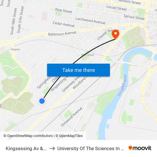 Kingsessing Av & 60th St to University Of The Sciences In Philadelphia map