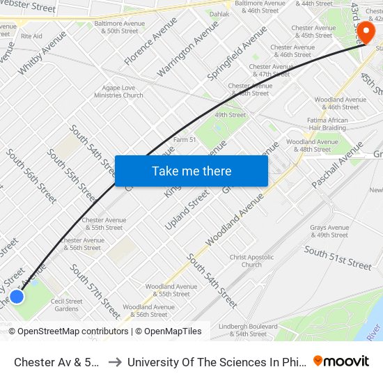 Chester Av & 59th St to University Of The Sciences In Philadelphia map