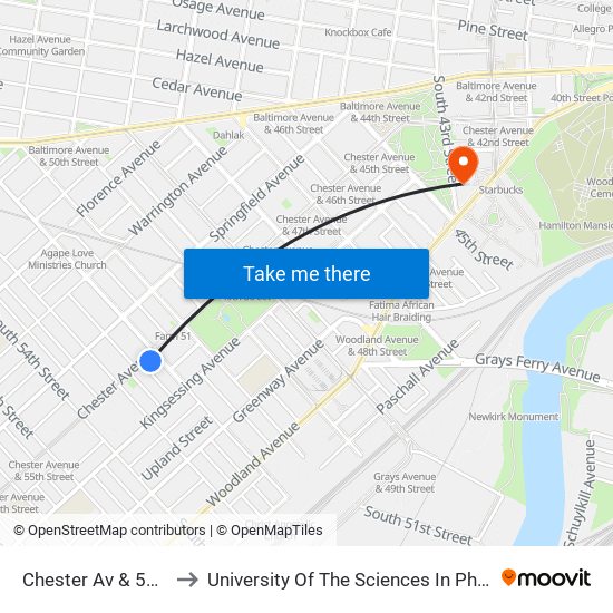 Chester Av & 52nd St to University Of The Sciences In Philadelphia map