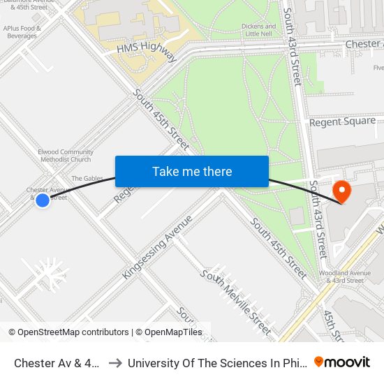 Chester Av & 46th St to University Of The Sciences In Philadelphia map