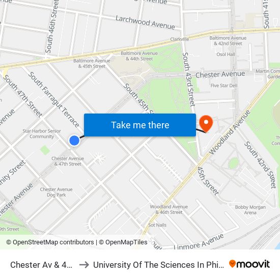 Chester Av & 47th St to University Of The Sciences In Philadelphia map