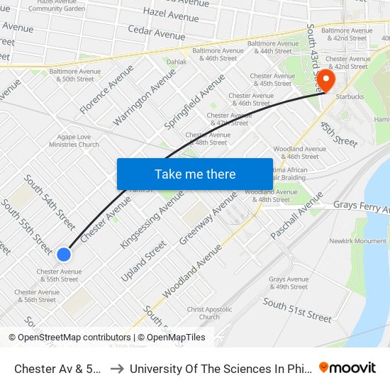 Chester Av & 55th St to University Of The Sciences In Philadelphia map