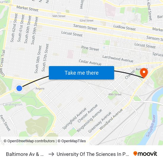 Baltimore Av & 60th St to University Of The Sciences In Philadelphia map