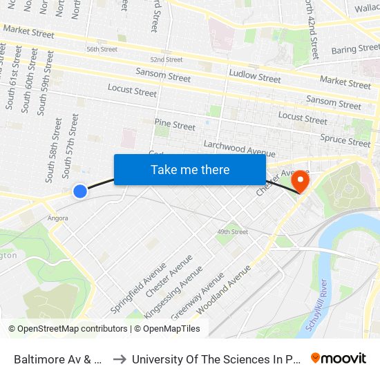 Baltimore Av & 56th St to University Of The Sciences In Philadelphia map