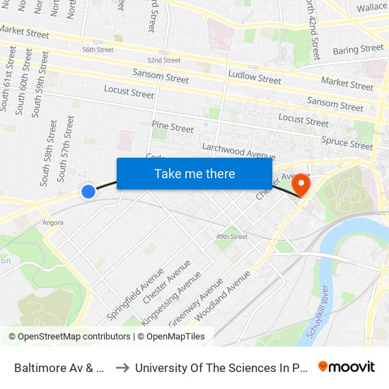 Baltimore Av & 55th St to University Of The Sciences In Philadelphia map