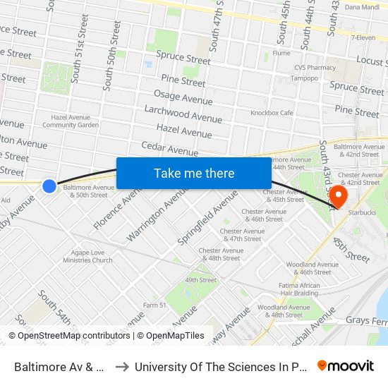 Baltimore Av & 51st St to University Of The Sciences In Philadelphia map