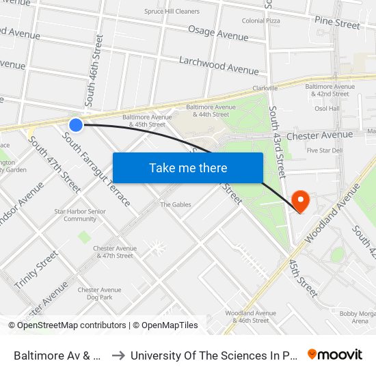 Baltimore Av & 46th St to University Of The Sciences In Philadelphia map