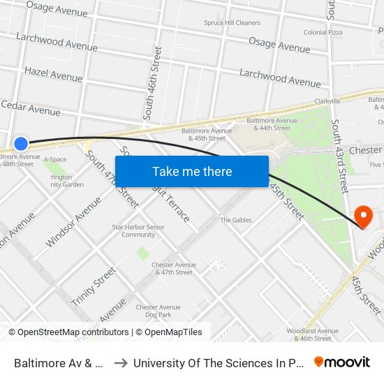 Baltimore Av & 48th St to University Of The Sciences In Philadelphia map