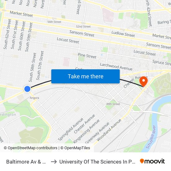 Baltimore Av & 58th St to University Of The Sciences In Philadelphia map