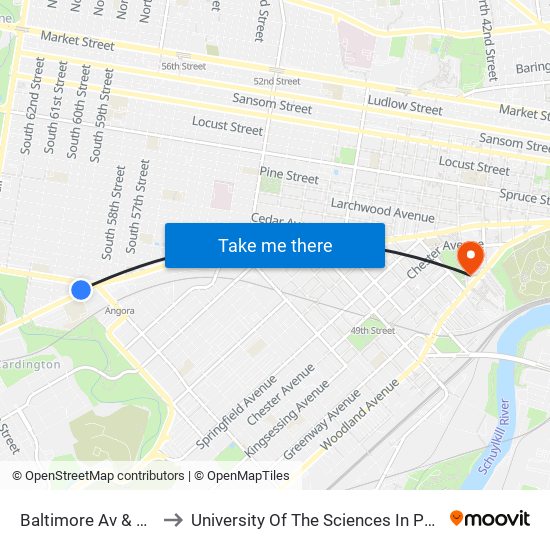 Baltimore Av & 59th St to University Of The Sciences In Philadelphia map