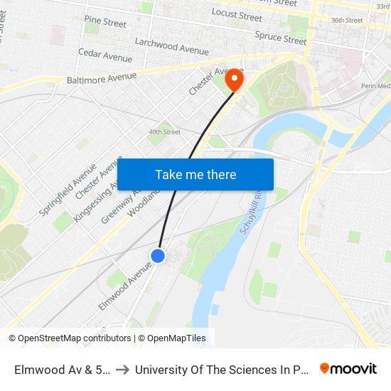 Elmwood Av & 56th St to University Of The Sciences In Philadelphia map