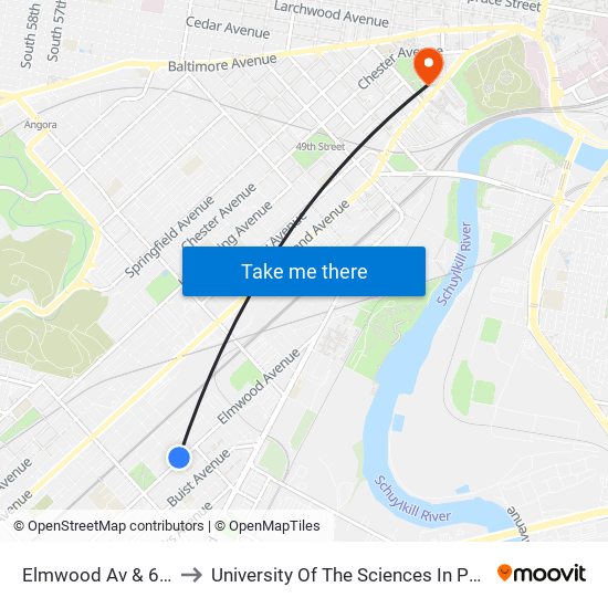 Elmwood Av & 63rd St to University Of The Sciences In Philadelphia map