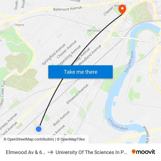 Elmwood Av & 67th St to University Of The Sciences In Philadelphia map