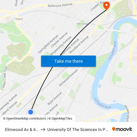 Elmwood Av & 68th St to University Of The Sciences In Philadelphia map