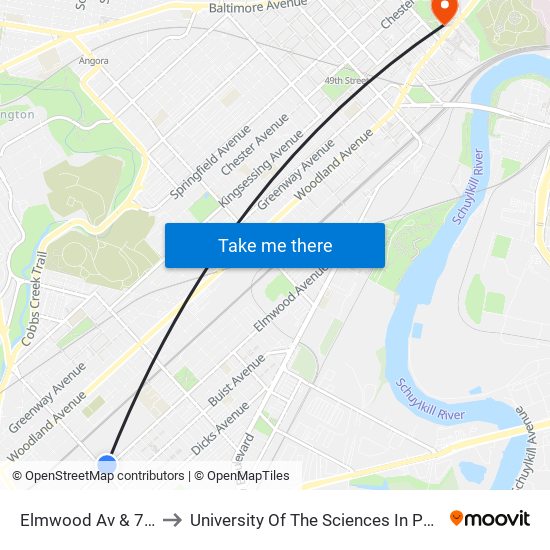 Elmwood Av & 70th St to University Of The Sciences In Philadelphia map