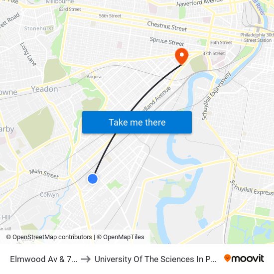 Elmwood Av & 71st St to University Of The Sciences In Philadelphia map