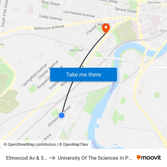 Elmwood Av & 58th St to University Of The Sciences In Philadelphia map