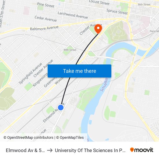 Elmwood Av & 57th St to University Of The Sciences In Philadelphia map