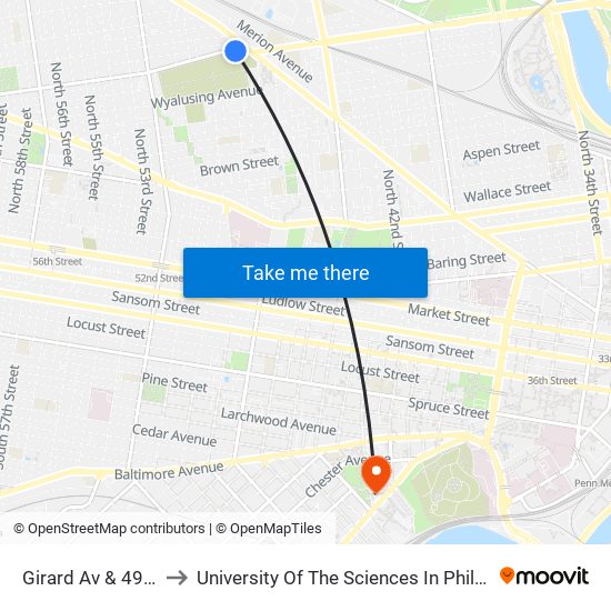 Girard Av & 49th St to University Of The Sciences In Philadelphia map