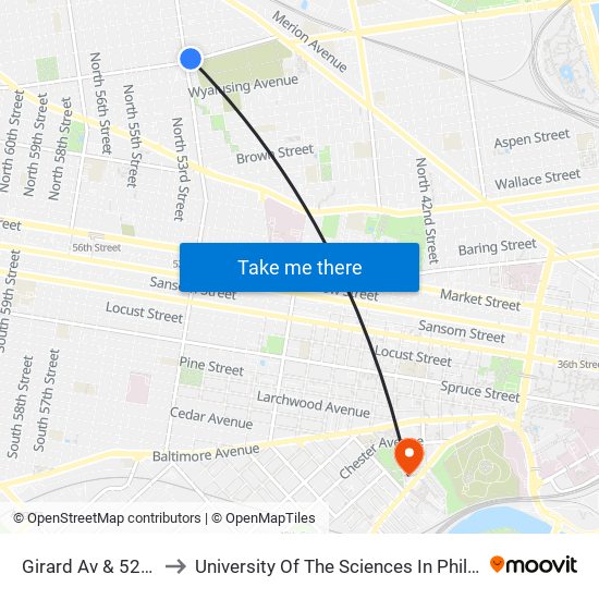 Girard Av & 52nd St to University Of The Sciences In Philadelphia map