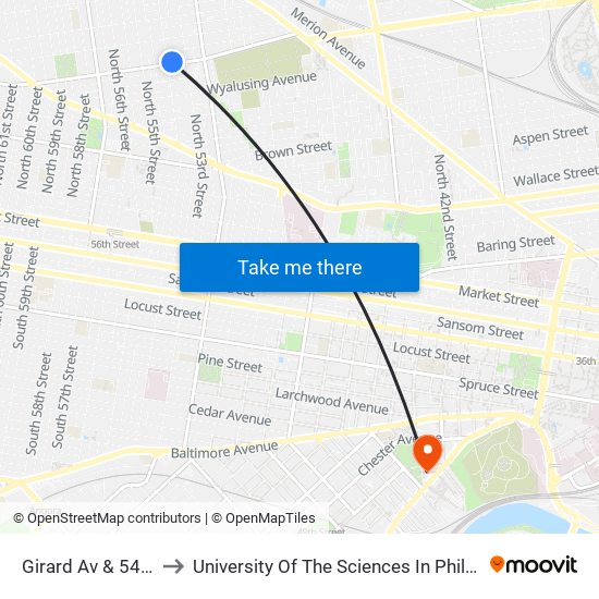 Girard Av & 54th St to University Of The Sciences In Philadelphia map