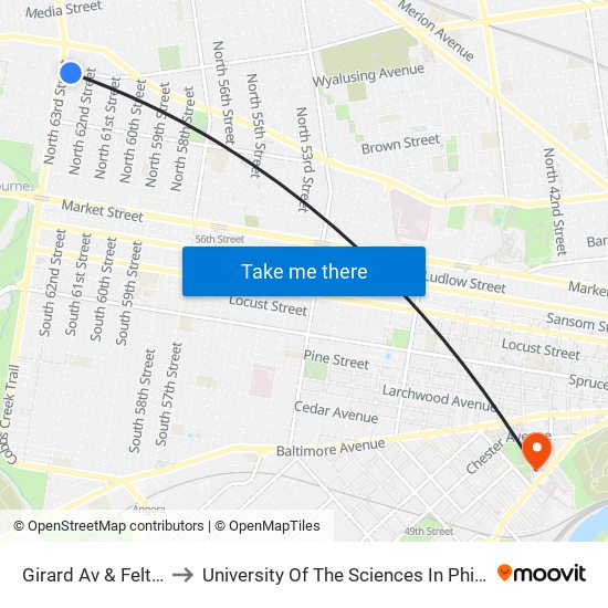Girard Av & Felton St to University Of The Sciences In Philadelphia map