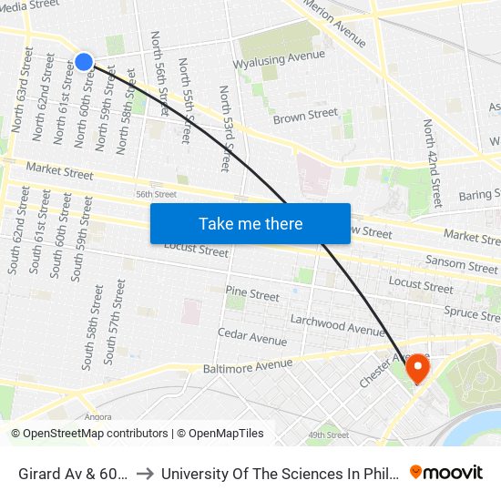 Girard Av & 60th St to University Of The Sciences In Philadelphia map