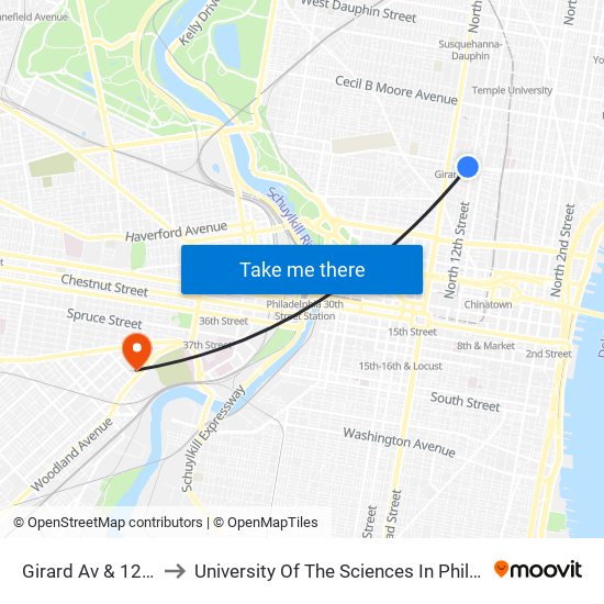 Girard Av & 12th St to University Of The Sciences In Philadelphia map