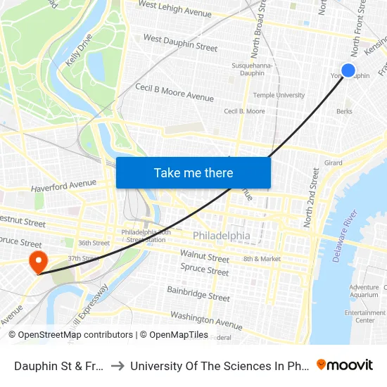 Dauphin St & Front St to University Of The Sciences In Philadelphia map