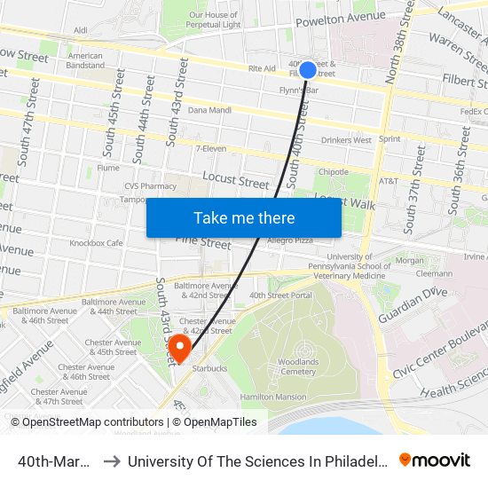 40th-Market to University Of The Sciences In Philadelphia map