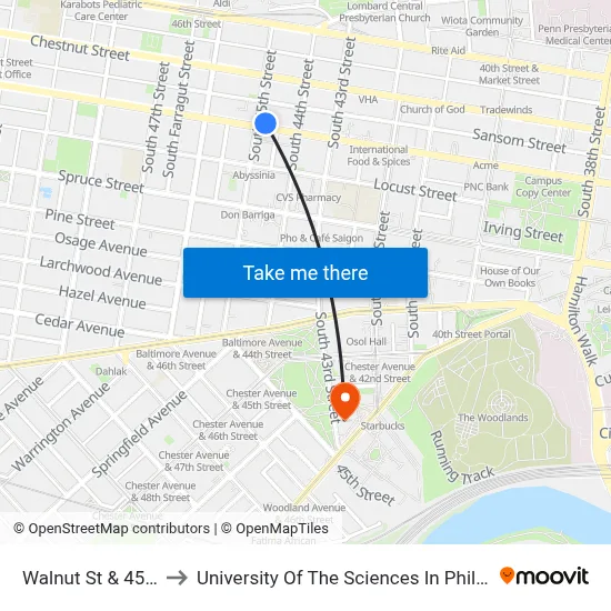 Walnut St & 45th St to University Of The Sciences In Philadelphia map