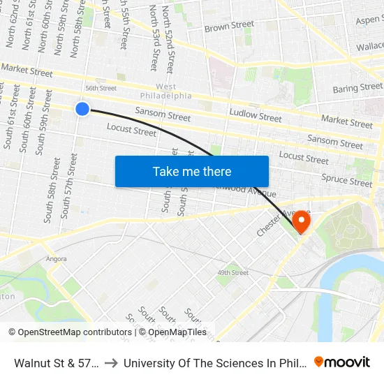 Walnut St & 57th St to University Of The Sciences In Philadelphia map