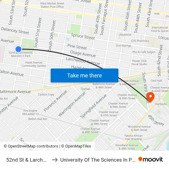 52nd St & Larchwood St to University Of The Sciences In Philadelphia map
