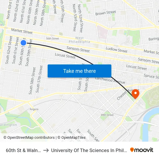 60th St & Walnut St to University Of The Sciences In Philadelphia map