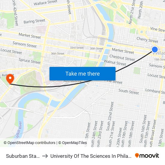 Suburban Station to University Of The Sciences In Philadelphia map