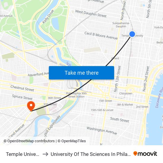 Temple University to University Of The Sciences In Philadelphia map