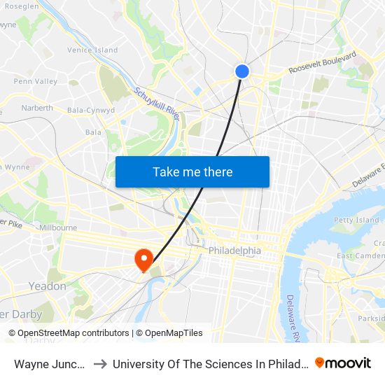 Wayne Junction to University Of The Sciences In Philadelphia map