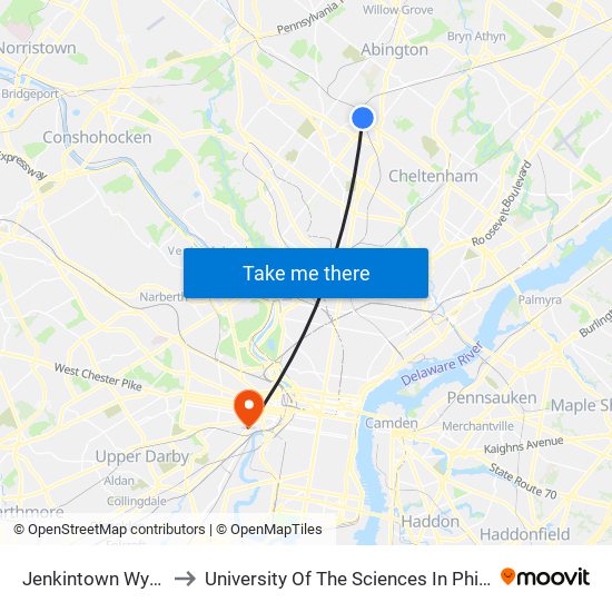 Jenkintown Wyncote to University Of The Sciences In Philadelphia map